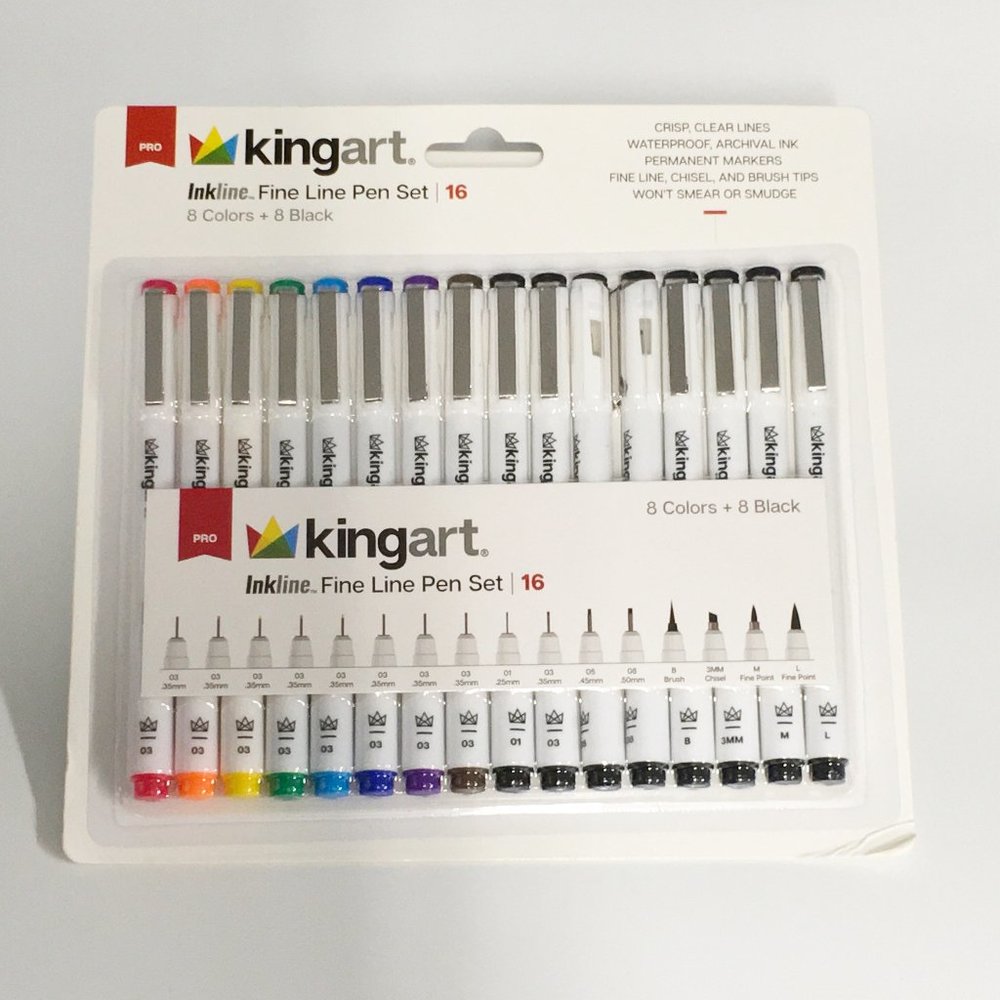 kingart Pro Inkline Fine Line Pen Set 16 8 Colors + 8 Black